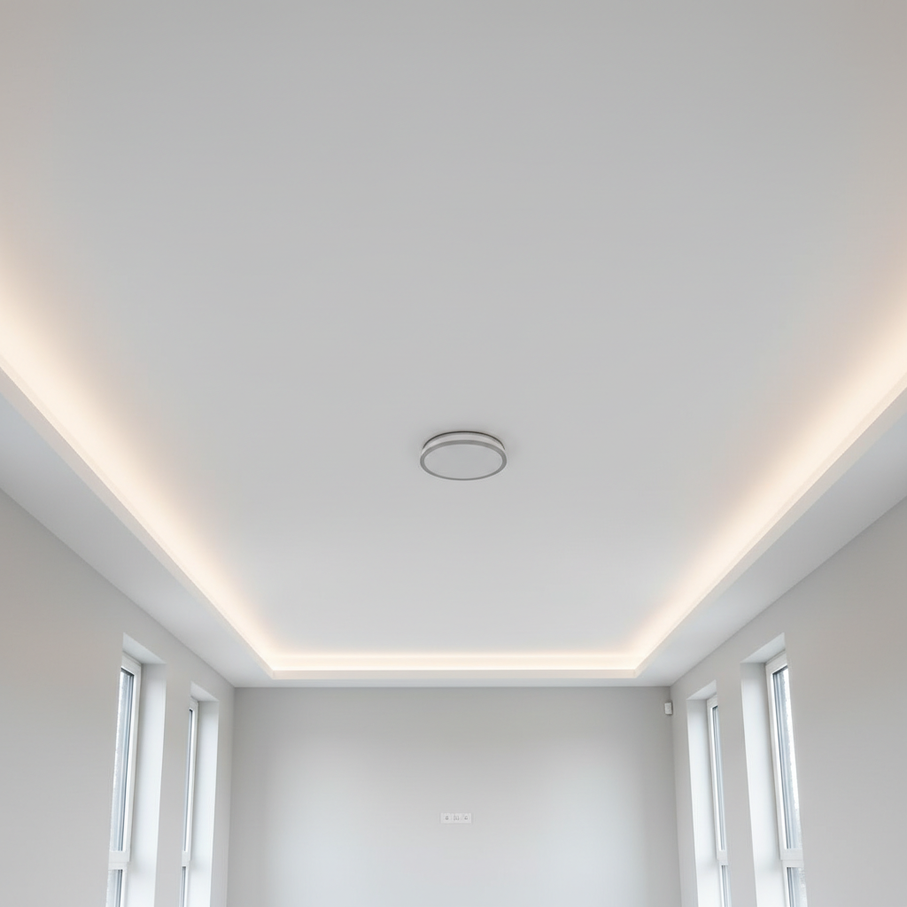 Perfectly smooth white ceiling with LED lighting after popcorn removal