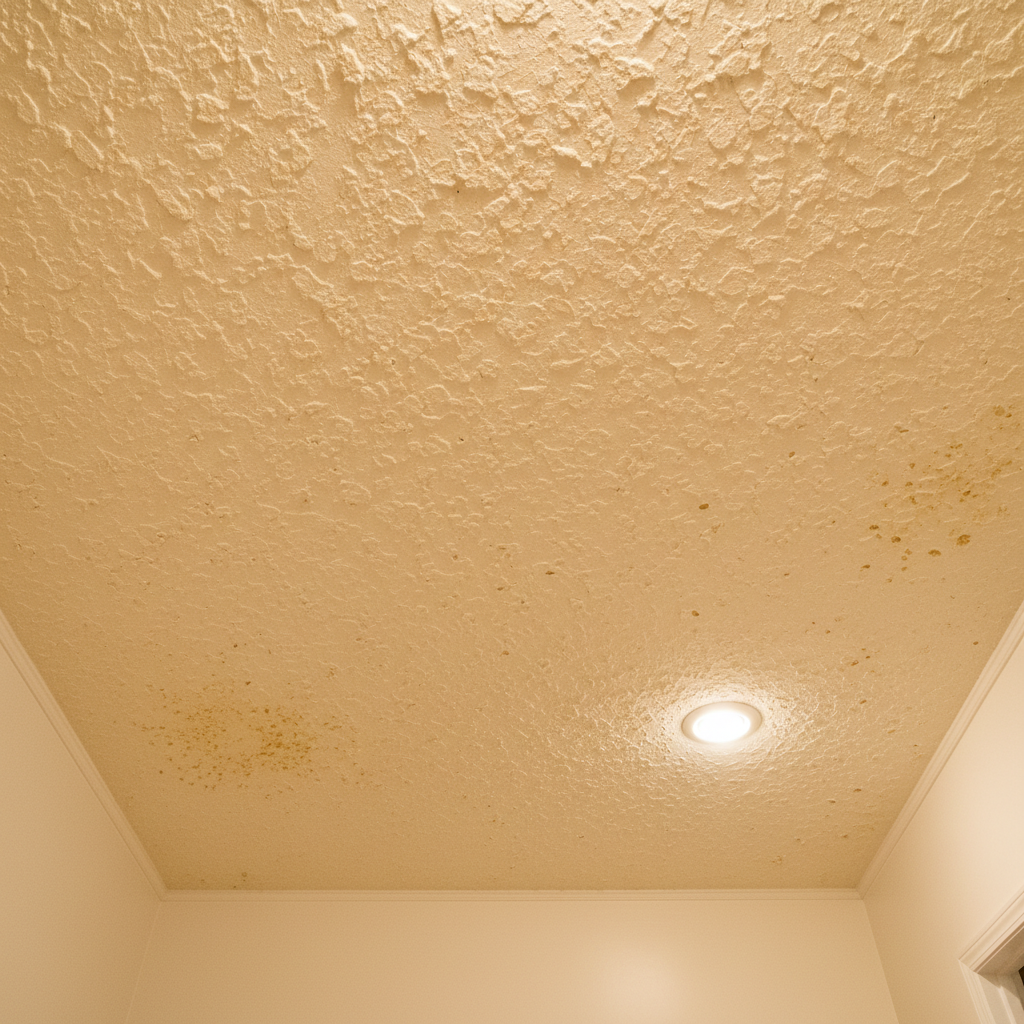 Old yellowed popcorn ceiling with stains before removal