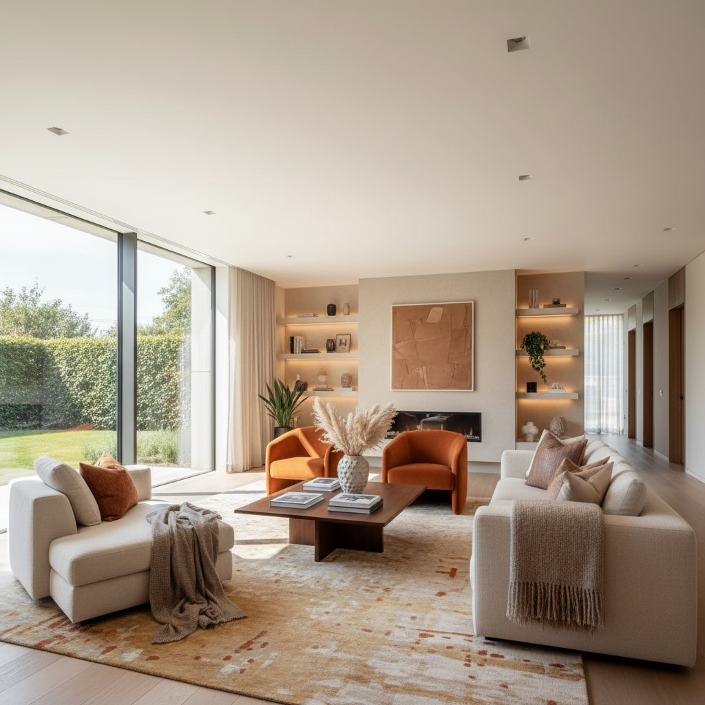 Luxurious modern living room with perfectly smooth ceiling